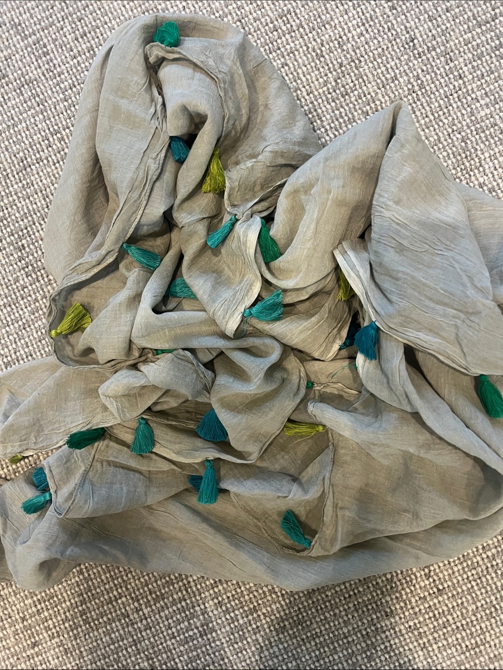 Lifestyle S cotton scarf.  Fun detail khaki/multi fringe